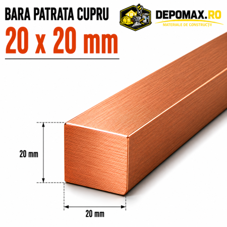 Bara patrata cupru 20 x 20 mm – lungime 3 metri – Cu-ETP